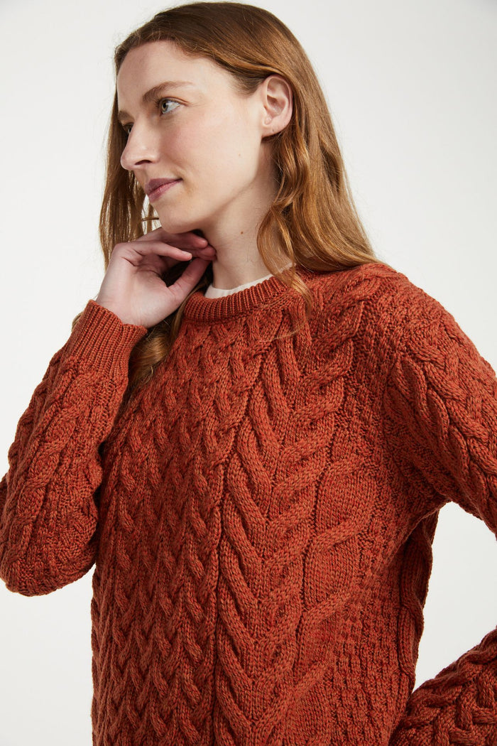 Omey Ladies Aran Crew Neck Sweater - Copper