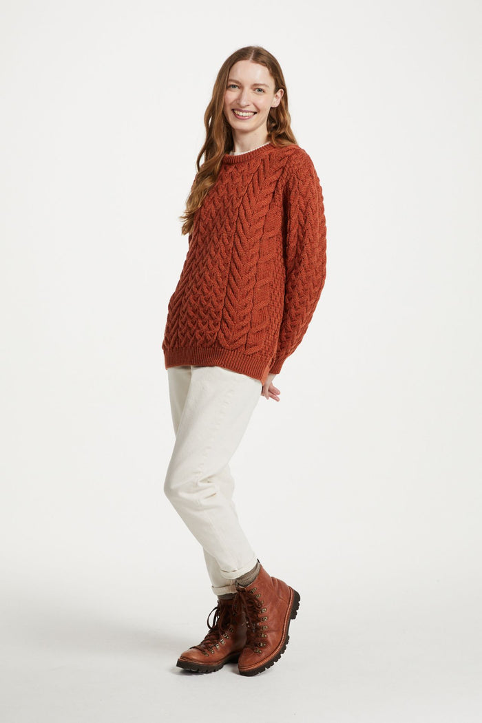 Omey Ladies Aran Crew Neck Sweater - Copper