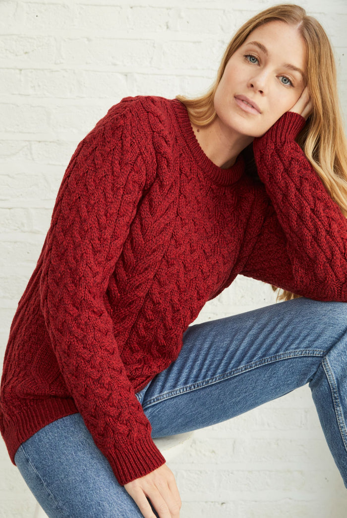 Merino wool, crew neck sweater, made in Ireland, aran sweater, ladies jumper, red, women's sweater, knitwear, cable knit,aran