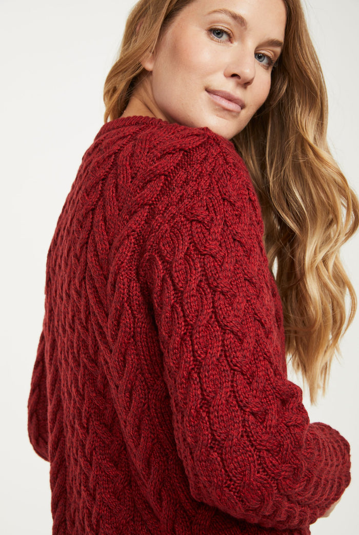 Merino wool, crew neck sweater, made in Ireland, aran sweater, ladies jumper, red, women's sweater, knitwear, cable knit,aran