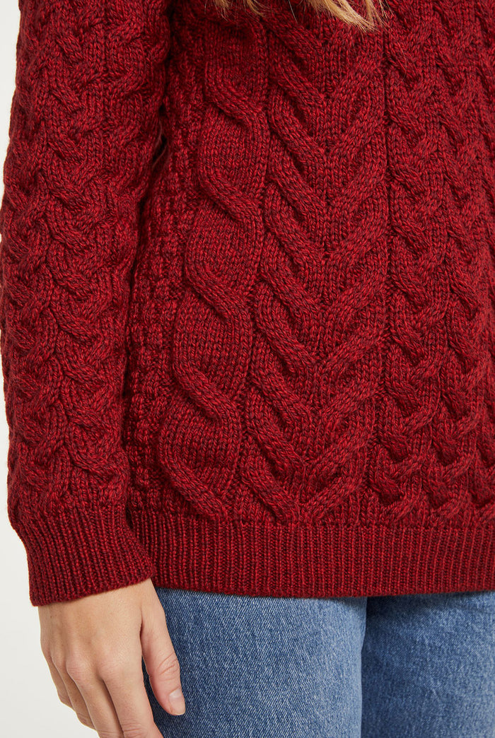 Merino wool, crew neck sweater, made in Ireland, aran sweater, ladies jumper, red, women's sweater, knitwear, cable knit,aran