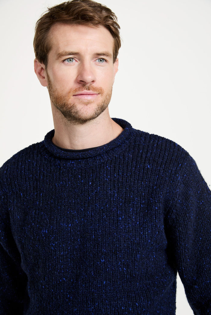 tweed,100% wool sweater, knitwear, men's sweater, roll neck jumper, aran, men's sweater, Ireland, navy