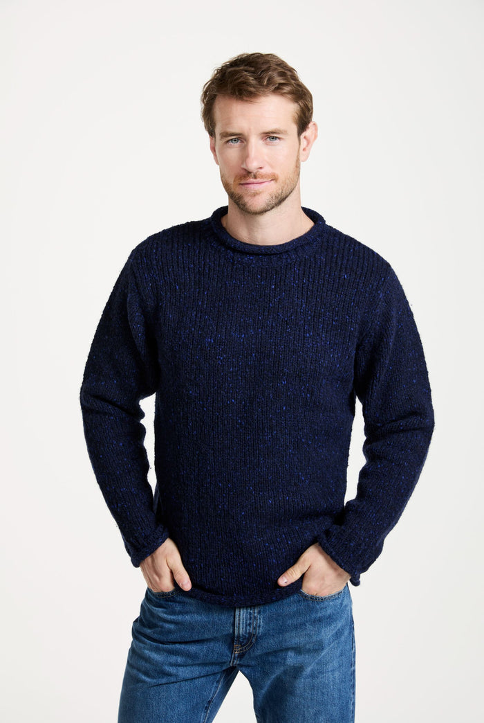 tweed,100% wool sweater, knitwear, men's sweater, roll neck jumper, aran, men's sweater, Ireland, navy