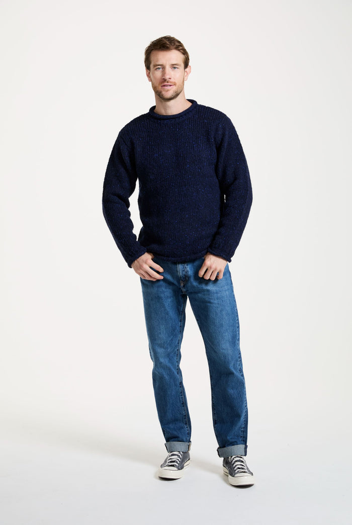 tweed,100% wool sweater, knitwear, men's sweater, roll neck jumper, aran, men's sweater, Ireland, navy