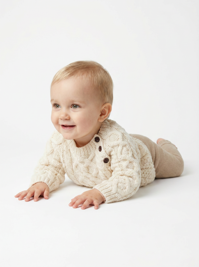 Shepley Baby Aran Wool Crew Neck Sweater - Cream