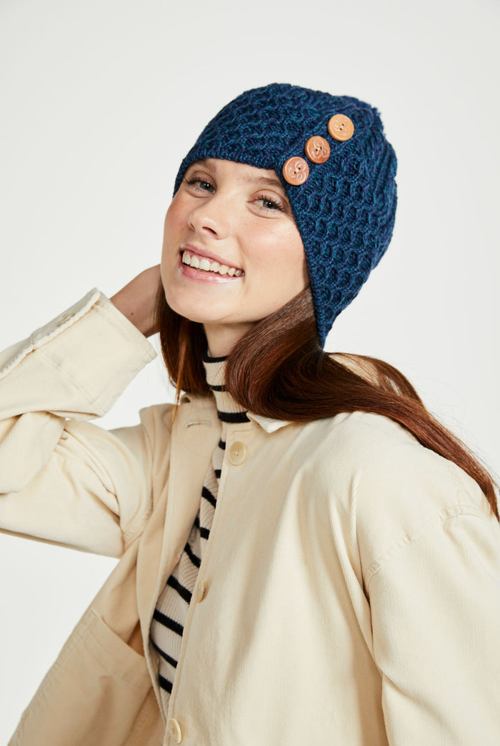Ladies' hat, merino wool, wool hats,aran, knitwear, made in Ireland, Hat & Scarf, gift, navy, Ireland,pom pom