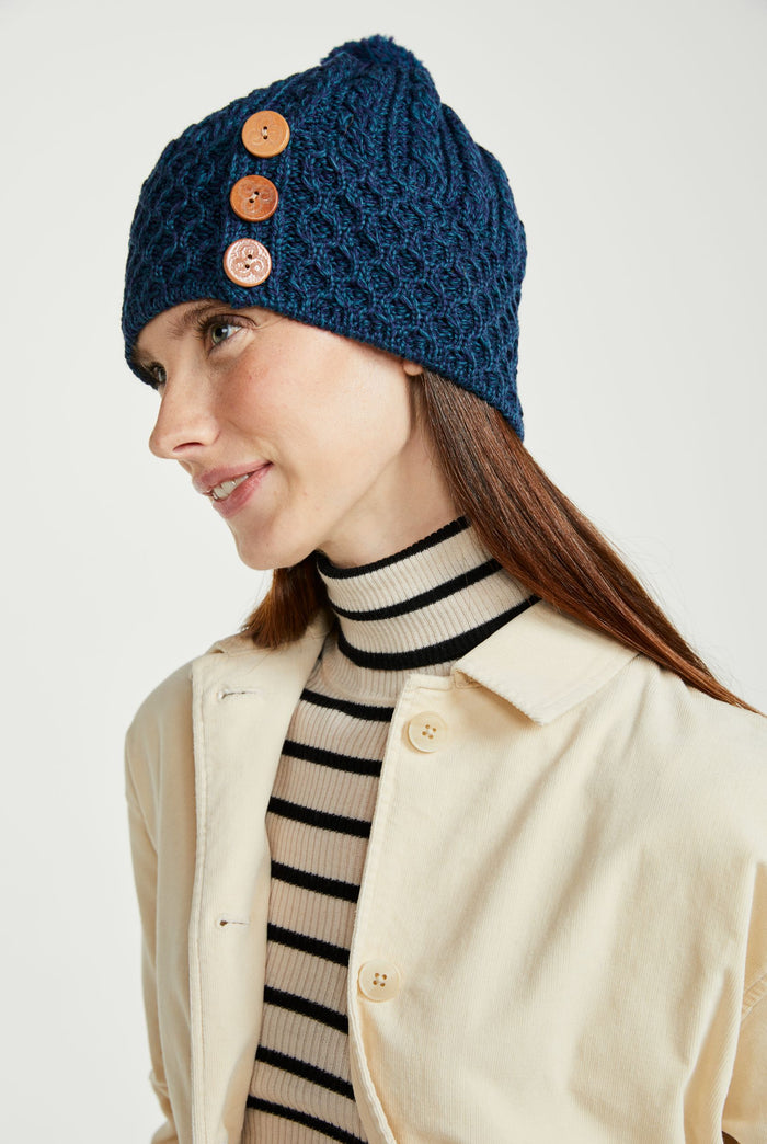 Ladies' hat, merino wool, wool hats,aran, knitwear, made in Ireland, Hat & Scarf, gift, navy, Ireland