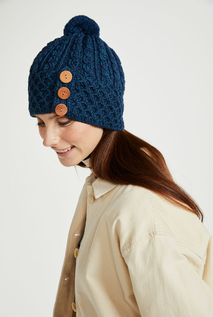 Ladies' hat, merino wool, wool hats,aran, knitwear, made in Ireland, Hat & Scarf, gift, navy, Ireland,pom pom
