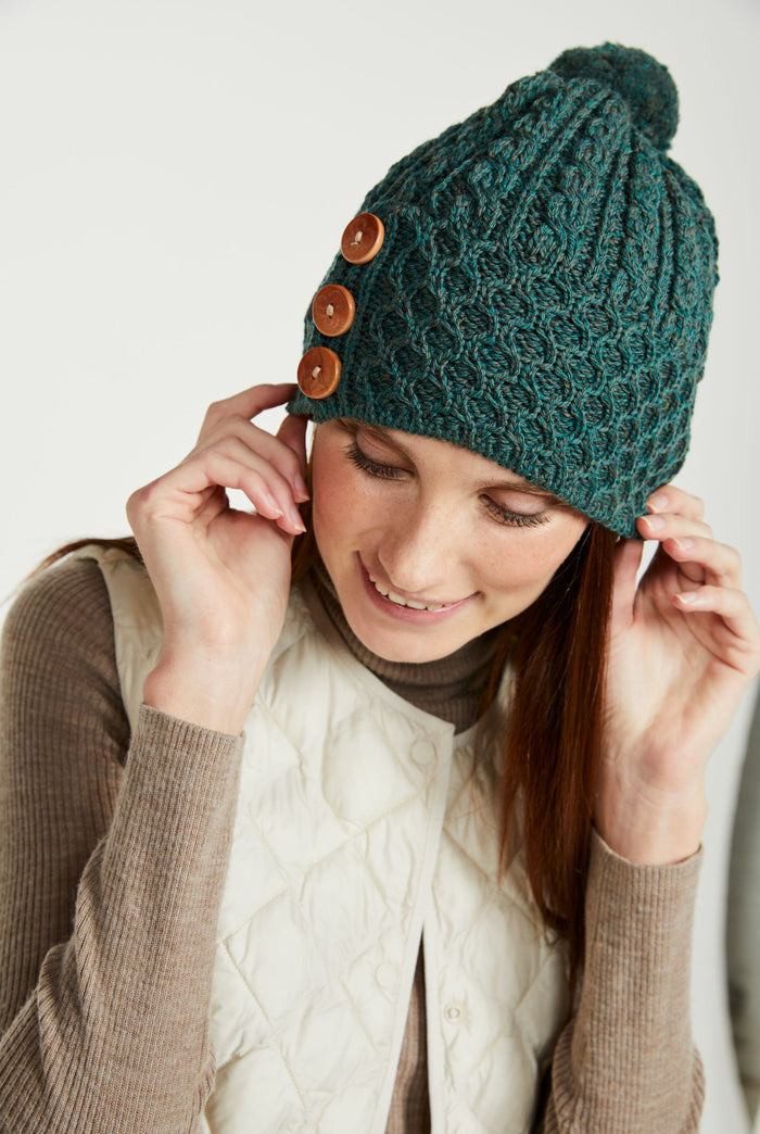 Ladies' hat, merino wool, hats,aran, knitwear, made in Ireland, Hat & Scarf, gift, green, Ireland, Pom Pom