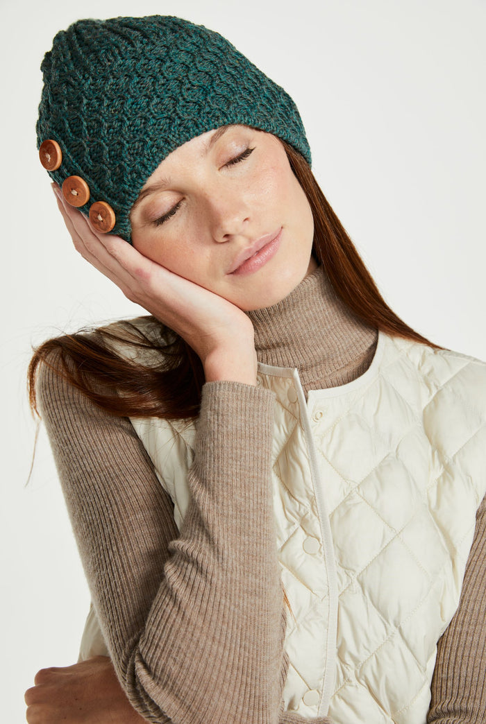 Ladies' hat, merino wool, hats,aran, knitwear, made in Ireland, Hat & Scarf, gift, green, Ireland, Pom Pom
