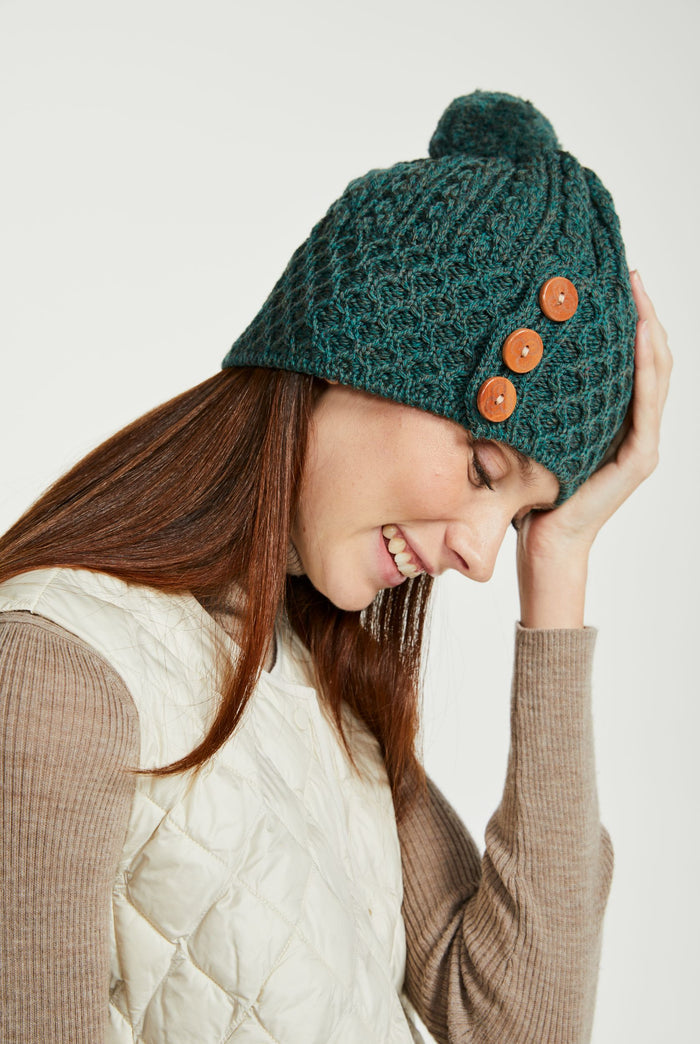 Ladies' hat, merino wool,aran, knitwear, made in Ireland, Hat & Scarf, gift, forest green, Ireland ,Pom Pom