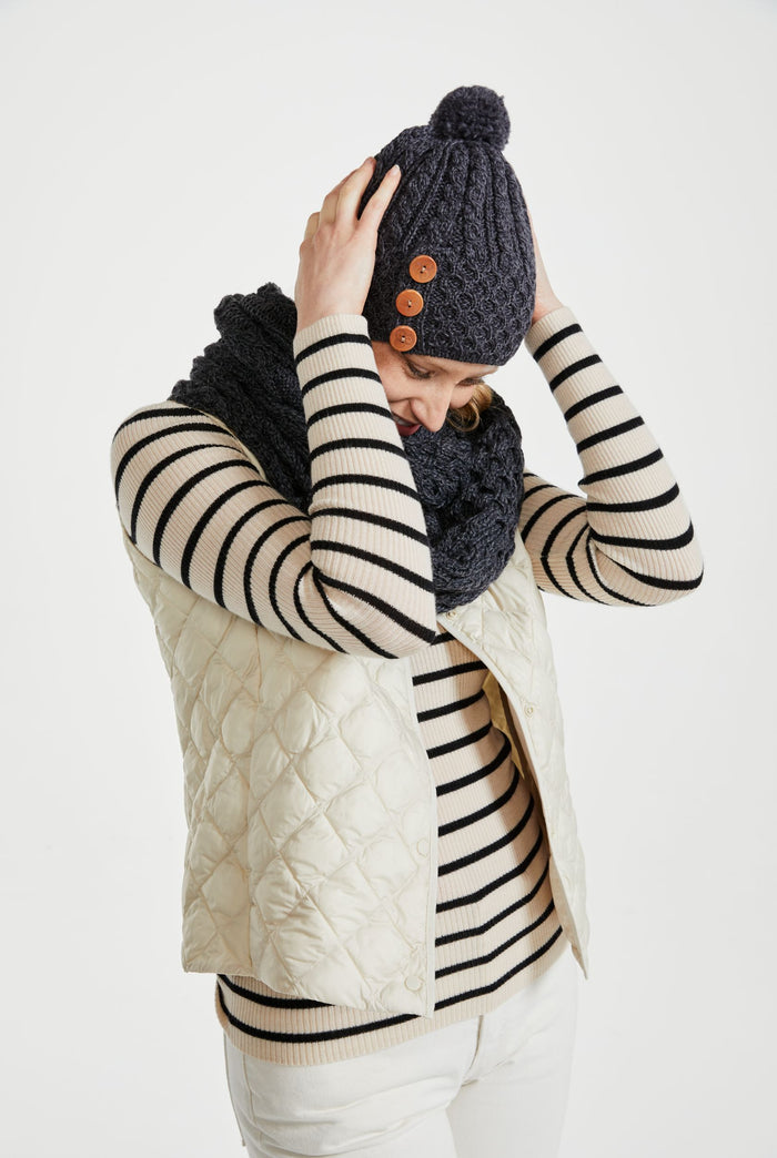 Merino wool, Hat & Scarf, wool hats, Arran knitwear, knitwear,grey, gift, Ireland, Pom pom, ladies hats