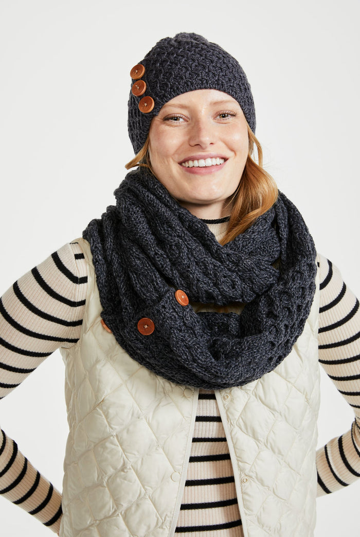 Merino wool, Hat & Scarf, wool hats, Arran knitwear, knitwear,grey, gift, Ireland, Pom pom, ladies hats