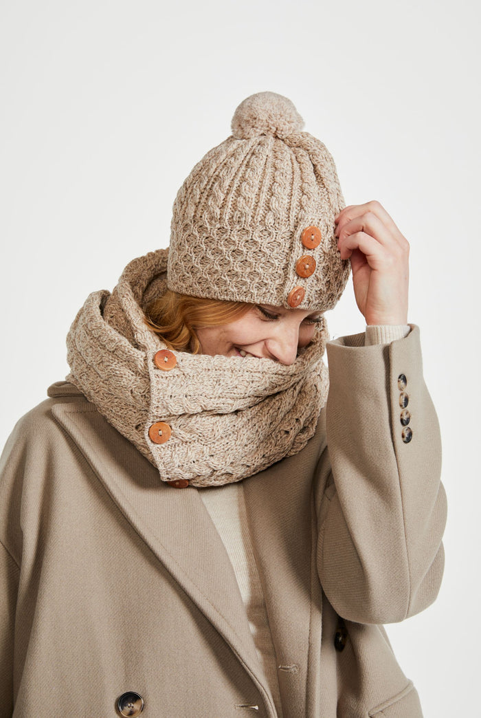 Ladies' hat, merino wool, wool hats,aran, knitwear, made in Ireland, Hat & Scarf, gift, oat, Ireland, pom pom