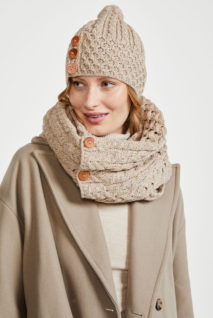 Merino wool, Hat & Scarf, wool hats, Arran knitwear, knitwear, oat, gift, Ireland, Pom pom, ladies hats