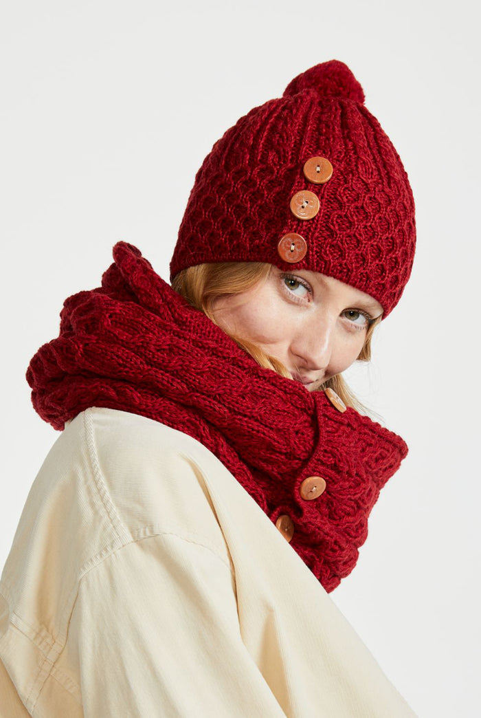 Merino wool, Hat & Scarf, wool hats, Arran knitwear, knitwear, red, gift, Ireland, Pom pom, ladies hats