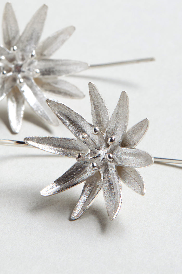 Close-up of Silver Starflower Earrings, featuring metallic pointed petals and delicate round centers, displayed on a light surface.