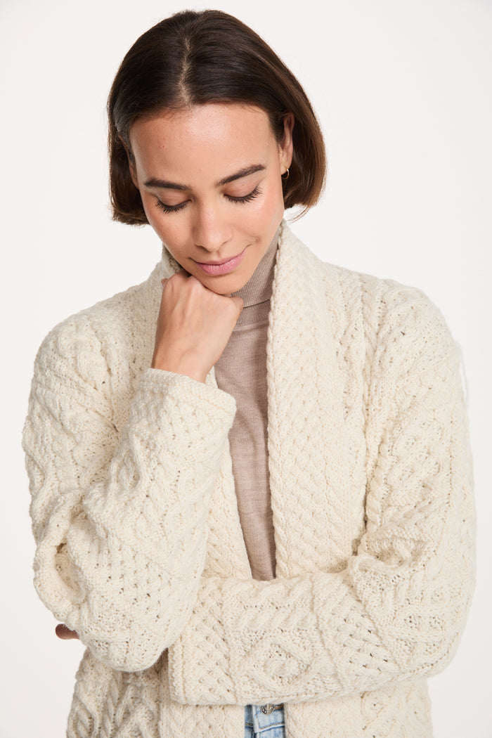 Tara Ladies Merino Aran Long Shawl Cardigan - Cream