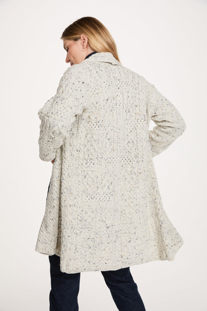 Tara Ladies Merino Aran Long Shawl Cardigan - Flecked Cream