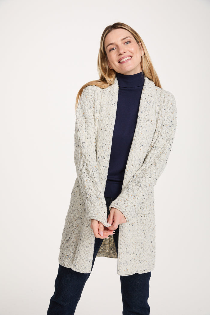 Tara Ladies Merino Aran Long Shawl Cardigan - Flecked Cream