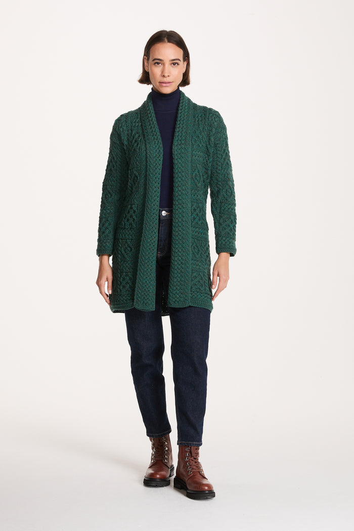 Tara Ladies Merino Aran Long Shawl Cardigan - Green