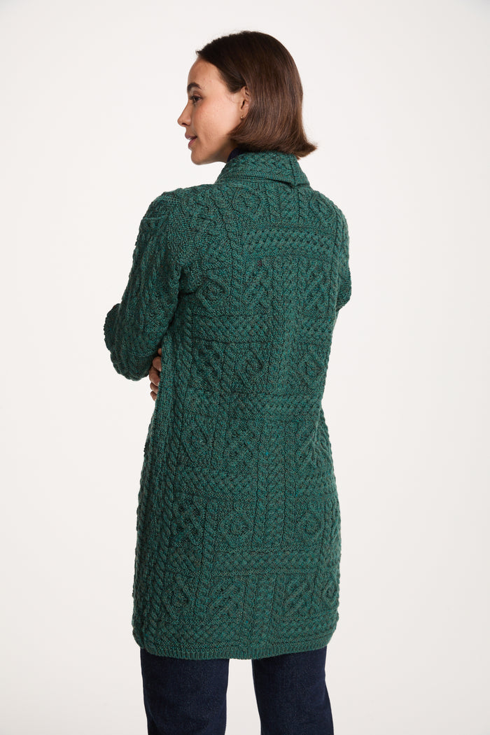 Tara Ladies Merino Aran Long Shawl Cardigan - Green
