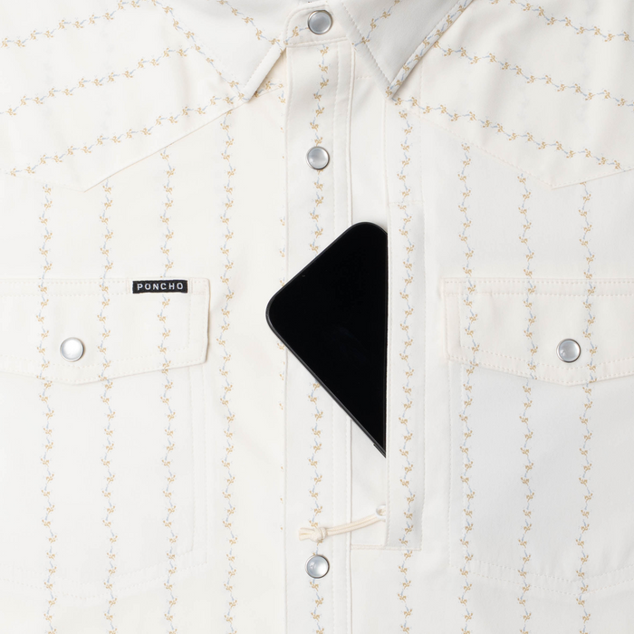 phone in chest zipper pocket of shirt
