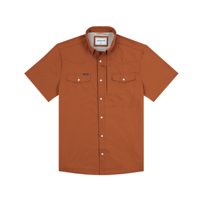 The 1969 short-sleeve rust orange shirt with front pockets by Poncho Outdoors