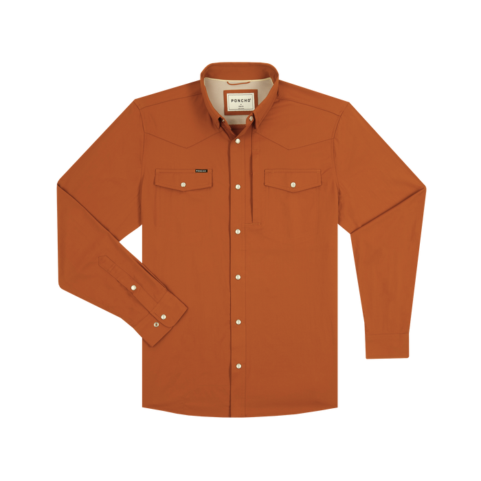 The 2005 long-sleeve outdoor shirt in burnt orange with buttoned chest pockets and collar detailing