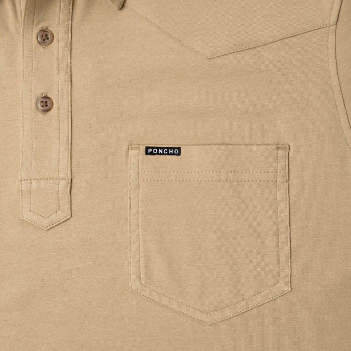 pcoket and buttons of yellow/tan polo shirt