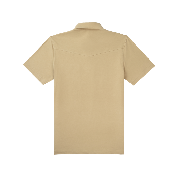 The 410 beige outdoor shirt back view with short sleeves and yoke detail