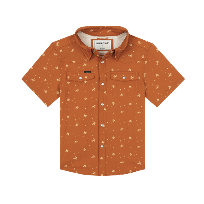Orange short-sleeve button-up shirt with subtle floral pattern and chest pockets called The 5th Year