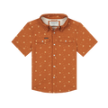 Orange short-sleeve button-up shirt with subtle floral pattern and chest pockets called The 5th Year
