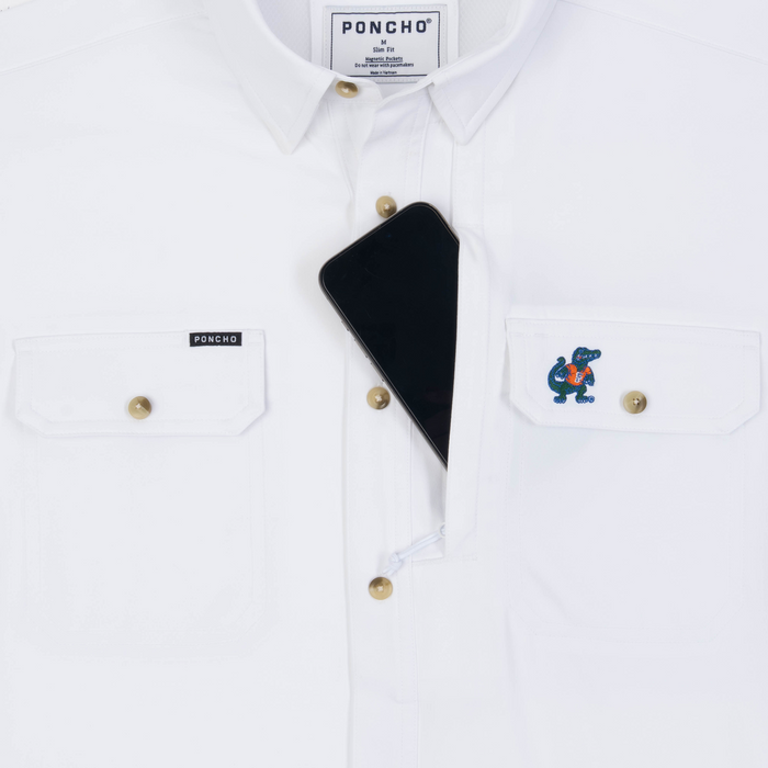 Phone in chest zipper pocket of shirt