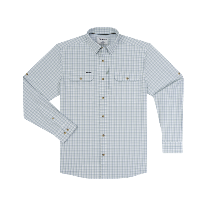 The Amberjack light blue plaid shirt with long sleeves and button-up front for outdoor activities