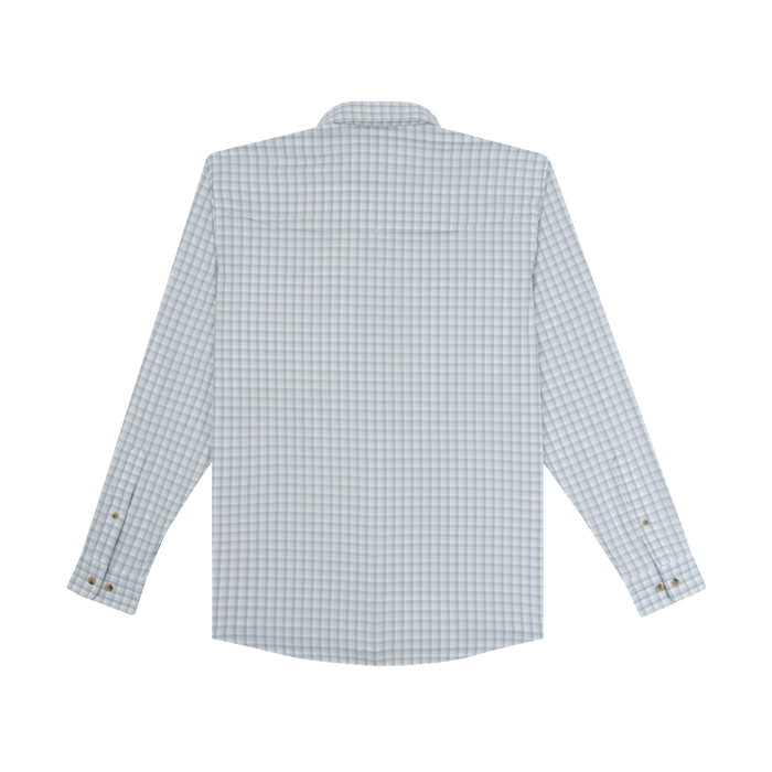 The Amberjack long-sleeve shirt with a light blue and white checked pattern, displayed from the back.