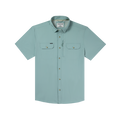Front button down of solid blue fishing shirt