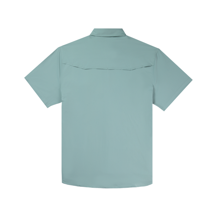 Back of short sleeve blue fishing shirt