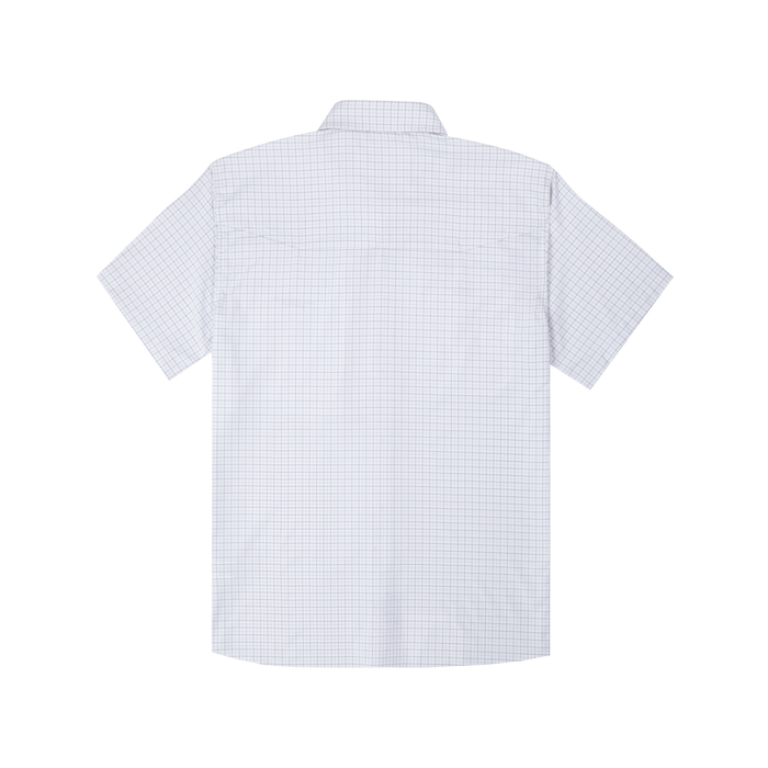back of double blue check short sleeve shirt