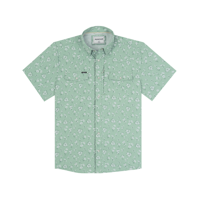 The Bat Masterson short-sleeve shirt in light green with a subtle white floral pattern and button-up front.