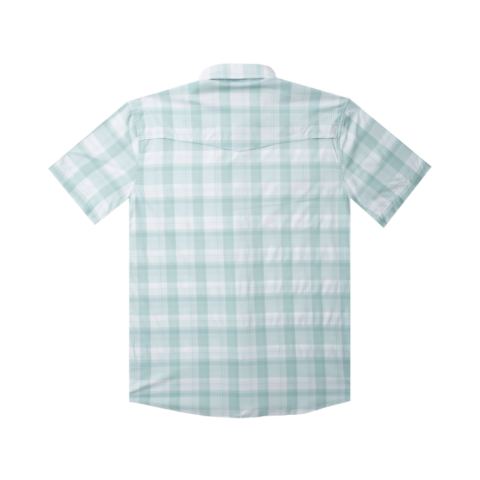 The Big Sky outdoor shirt in light green and white plaid, back view