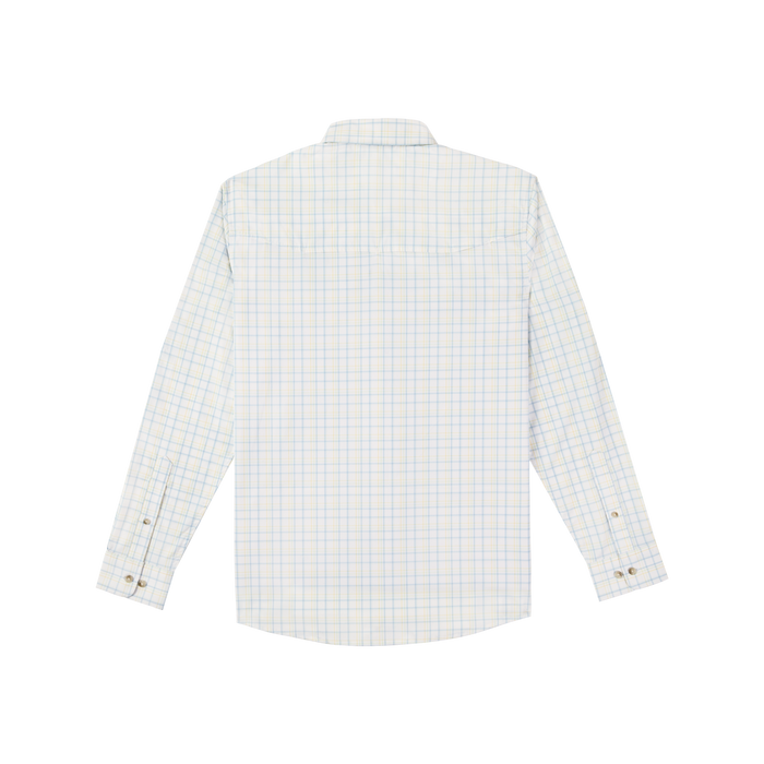 back view of blue , yellow, and white plaid shirt