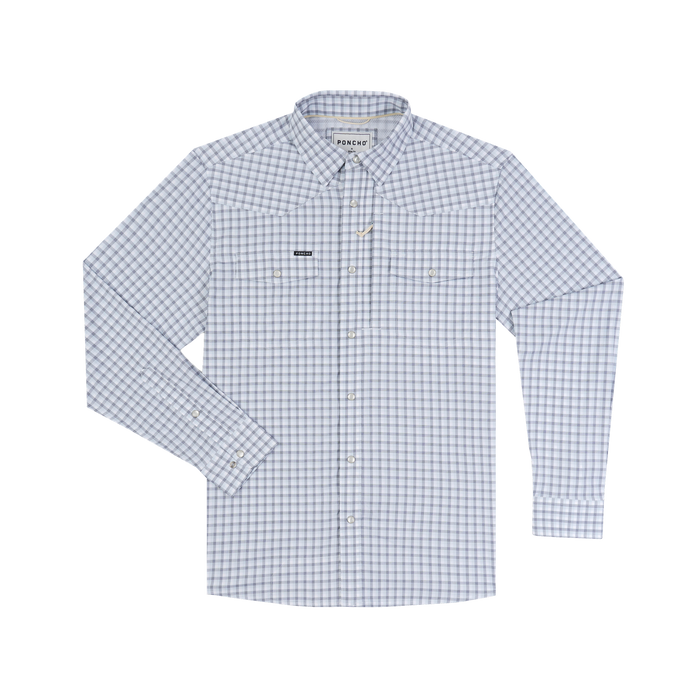 The Blackfin light blue and white checked long sleeve button down shirt
