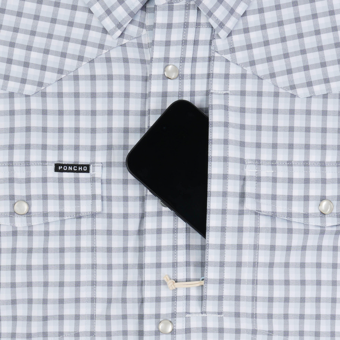 The Blackfin plaid shirt with a black geometric chest pocket detail and button front