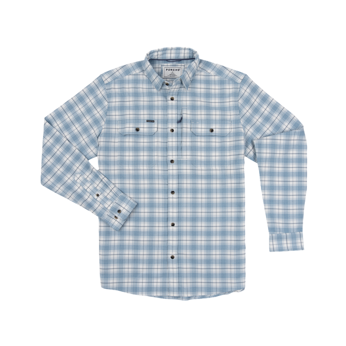The Blue Bison light blue plaid button-up shirt with long sleeves and chest pockets designed for an outdoors look