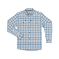 The Blue Bison light blue plaid button-up shirt with long sleeves and chest pockets designed for an outdoors look