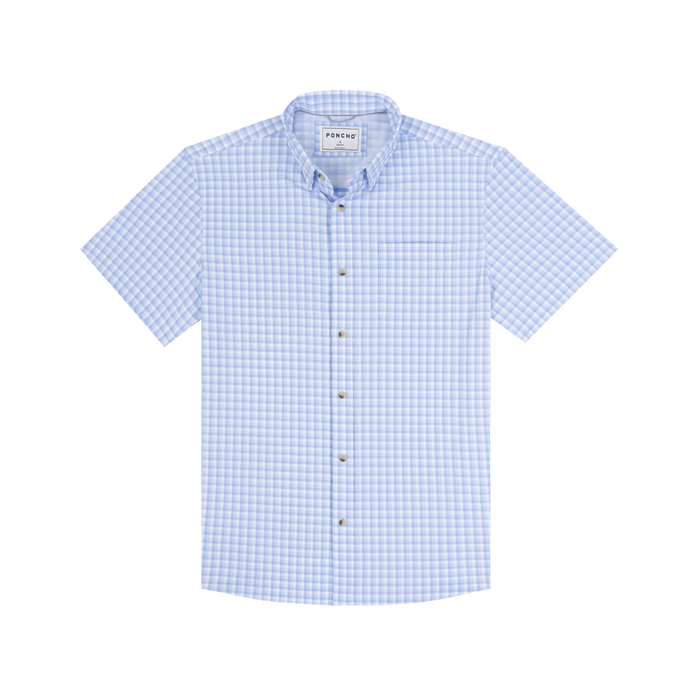 The Blue Runner light blue checked short sleeve button down shirt