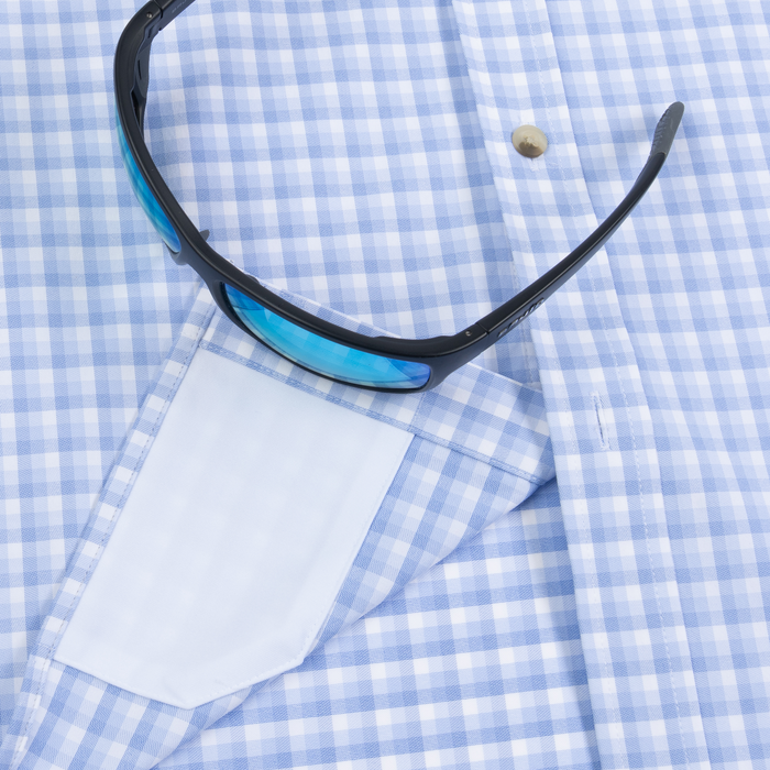 The Blue Runner blue and white checked shirt with sunglasses and button detail