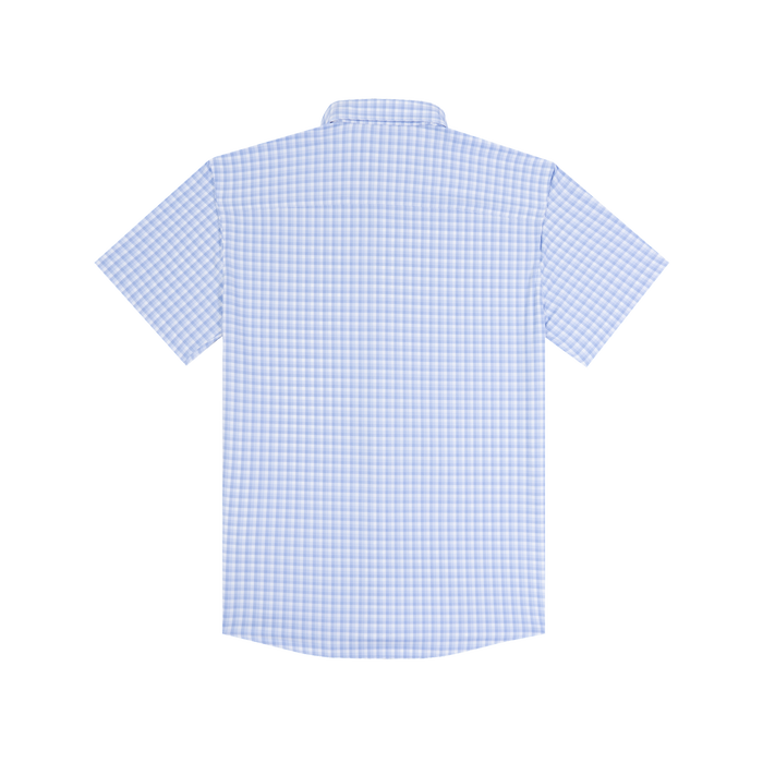The Blue Runner light blue checked short sleeve shirt shown from the back