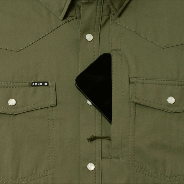 phone in chest zipper pocket of shirt